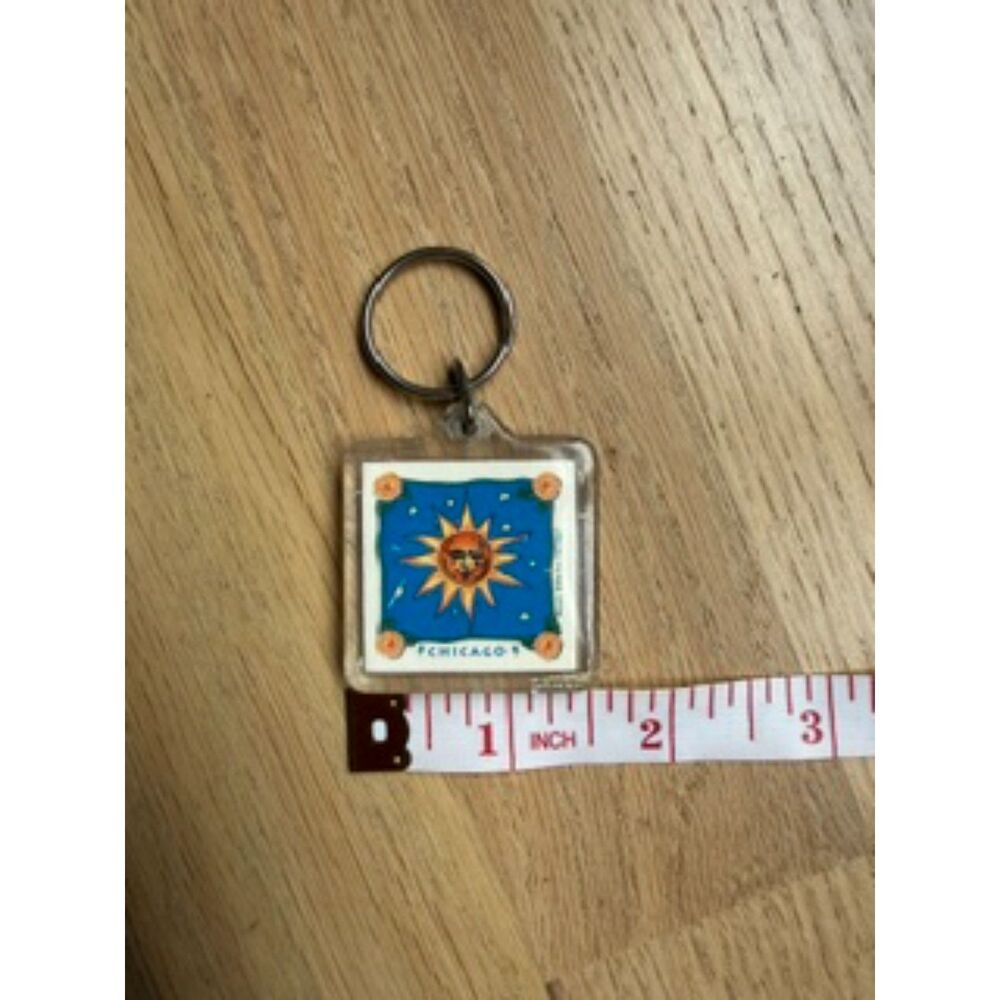 Vintage Chicago Sun Keychain Celestial Souvenir Square Metal Key Ring